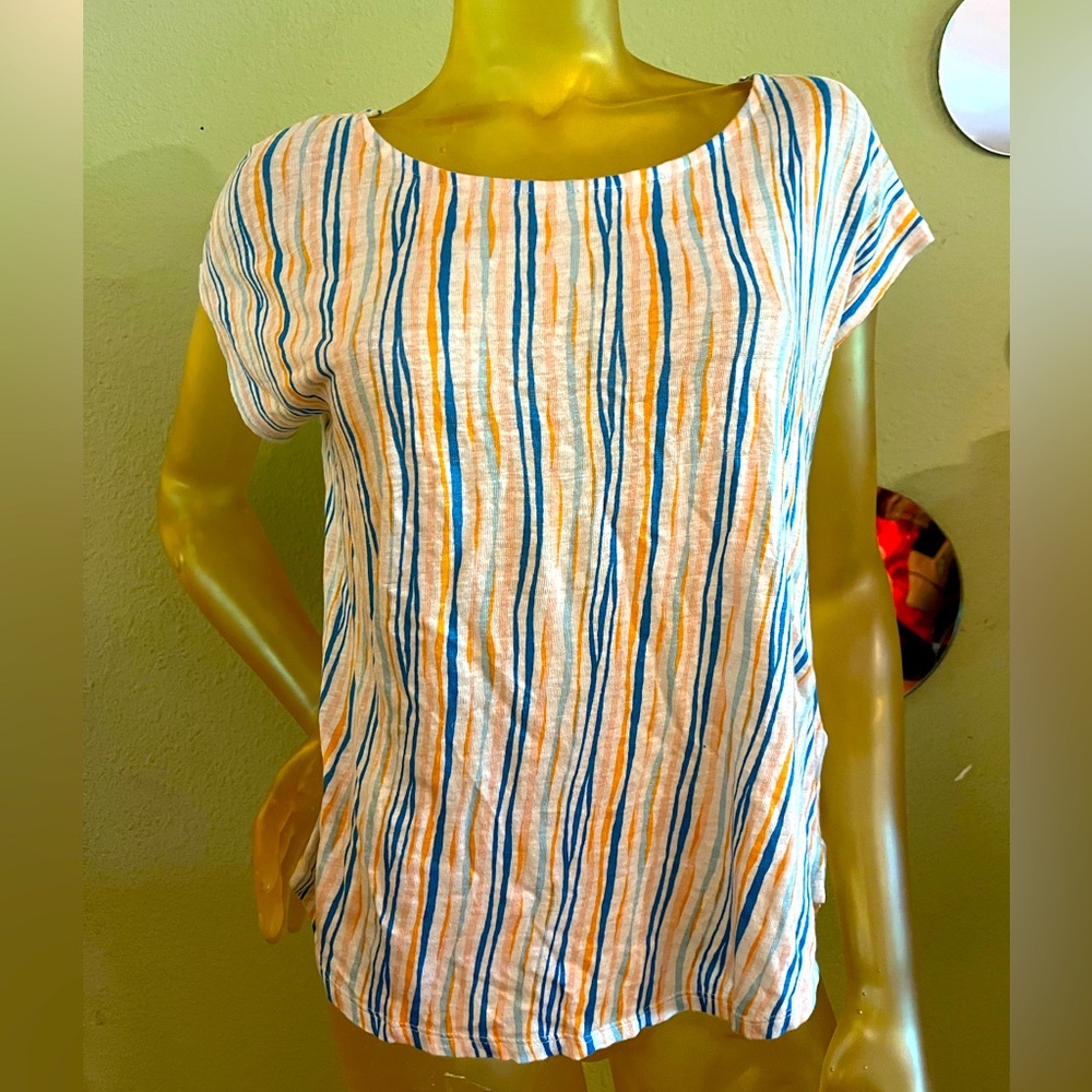 Christian Siriano Blue and Orange Striped Linen Blouse